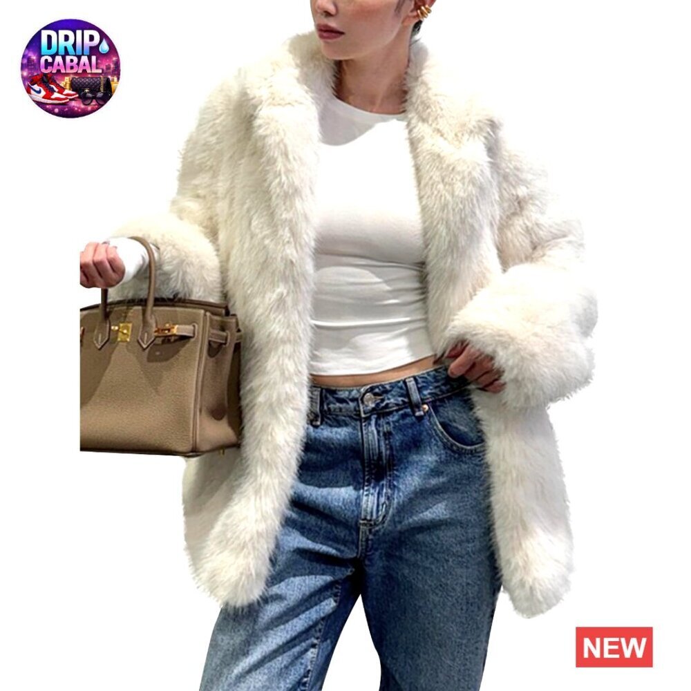 Long Faux Fur Coat Lapel Shaggy Winter Jacket Luxury Warm Furry Outerwear